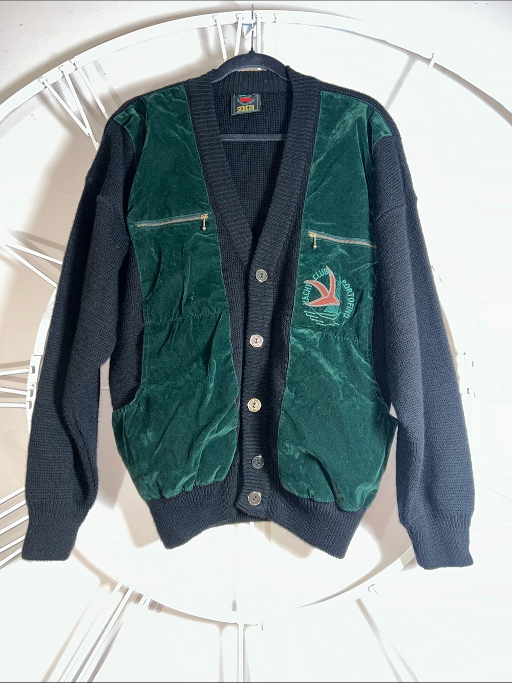 Vintage Sereza Yacht Club Portofino Velvet Panel Knit Cardigan Sweater